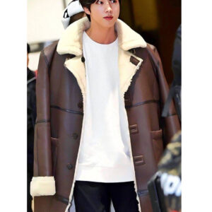 BTS Jin Shearling Brown Leather Coat Gimpo Airport