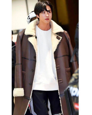 BTS Jin Shearling Brown Leather Coat Gimpo Airport