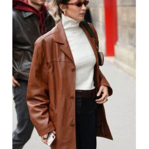 Bella Hadid Brown Oversized Leather Coat