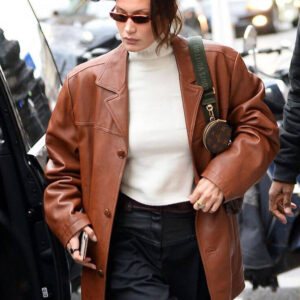 Bella Hadid Brown Oversized Leather Coat