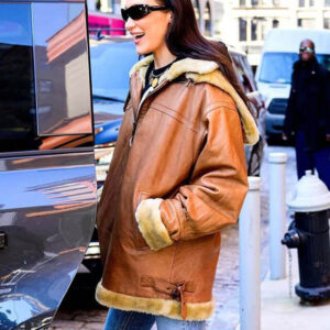Bella Hadid Brown Shearling Hooded Leather Jacket