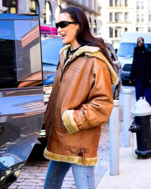 Bella Hadid Brown Shearling Hooded Leather Jacket