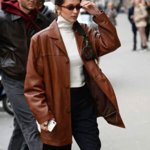 Bella Hadid Brown Oversized Leather Coat