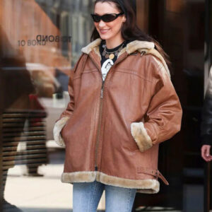 Bella Hadid Brown Shearling Hooded Leather Jacket
