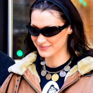 Bella Hadid Brown Shearling Hooded Leather Jacket