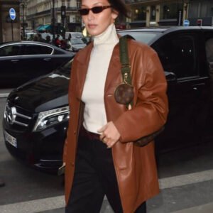 Bella Hadid Brown Oversized Leather Coat