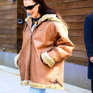Bella Hadid Brown Shearling Hooded Leather Jacket