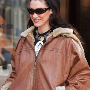 Bella Hadid Brown Shearling Hooded Leather Jacket