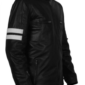 Men's Black Leather Jacket with White Stripes