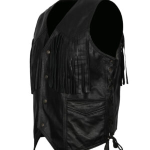 Black Cowboy Leather Vest With Fringes