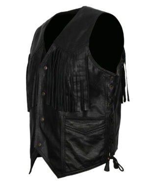 Black Cowboy Leather Vest With Fringes