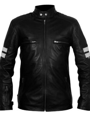 Men's Black Leather Jacket with White Stripes
