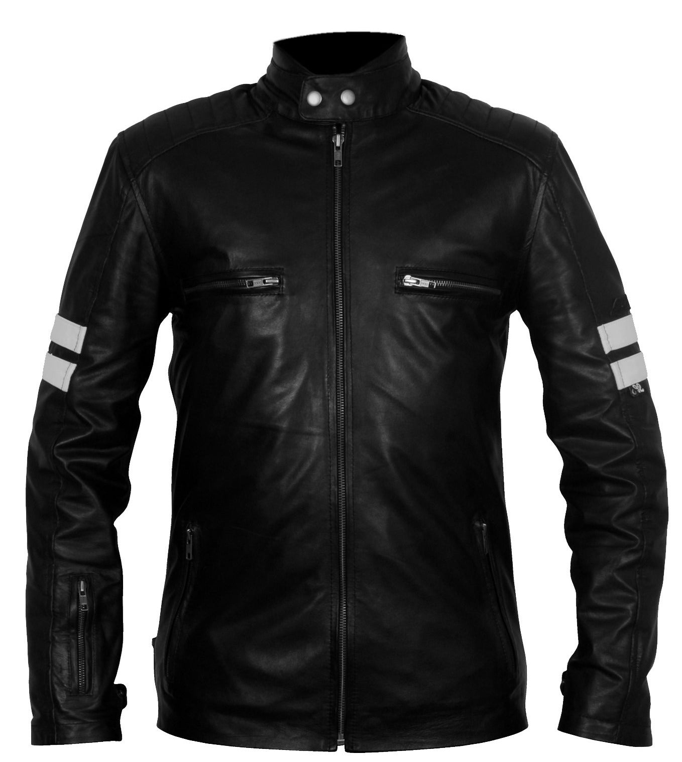 Men's Black Leather Jacket with White Stripes