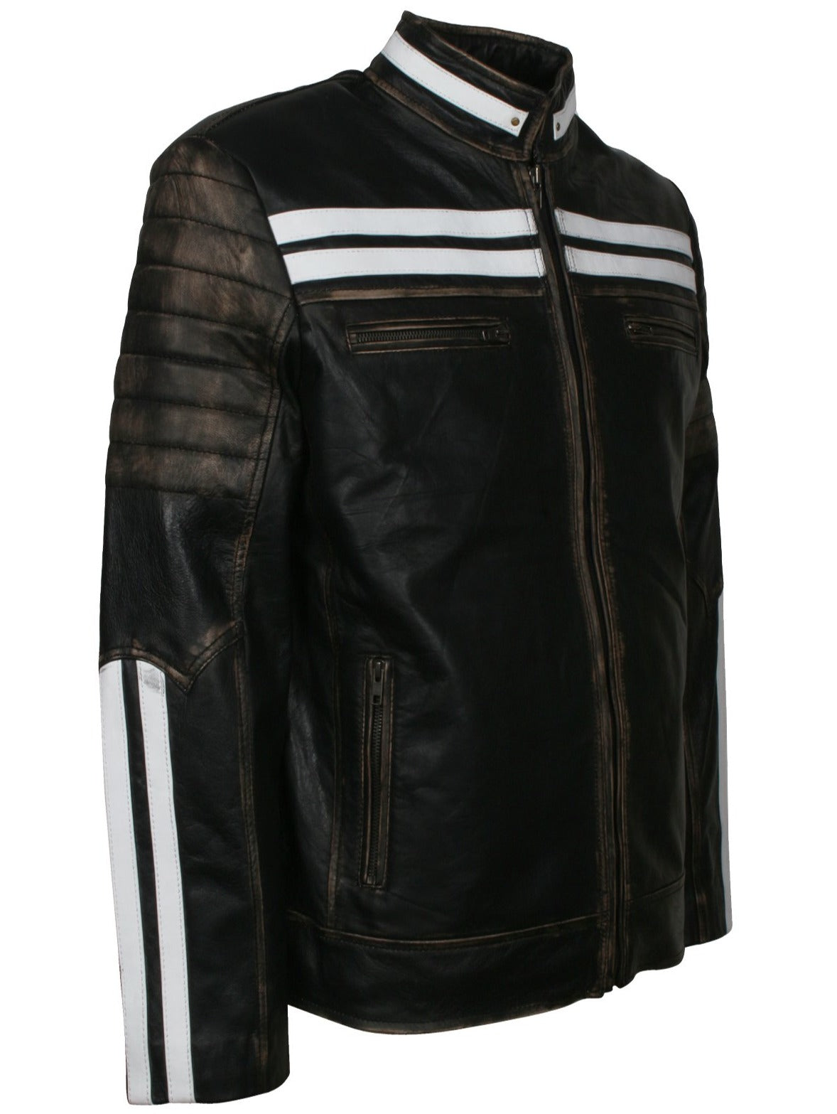 Distressed Black Leather Jacket With White Stripes