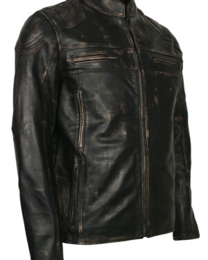 Men's Biker Distressed Leather Jacket With Zipper