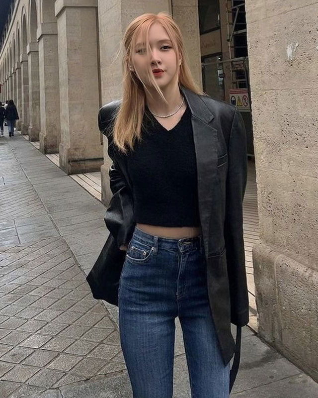 Blackpink Rose Black Leather Blazer