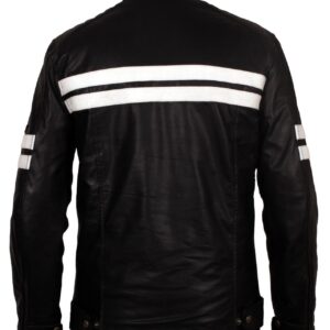 Men's Black Leather Jacket with White Stripes