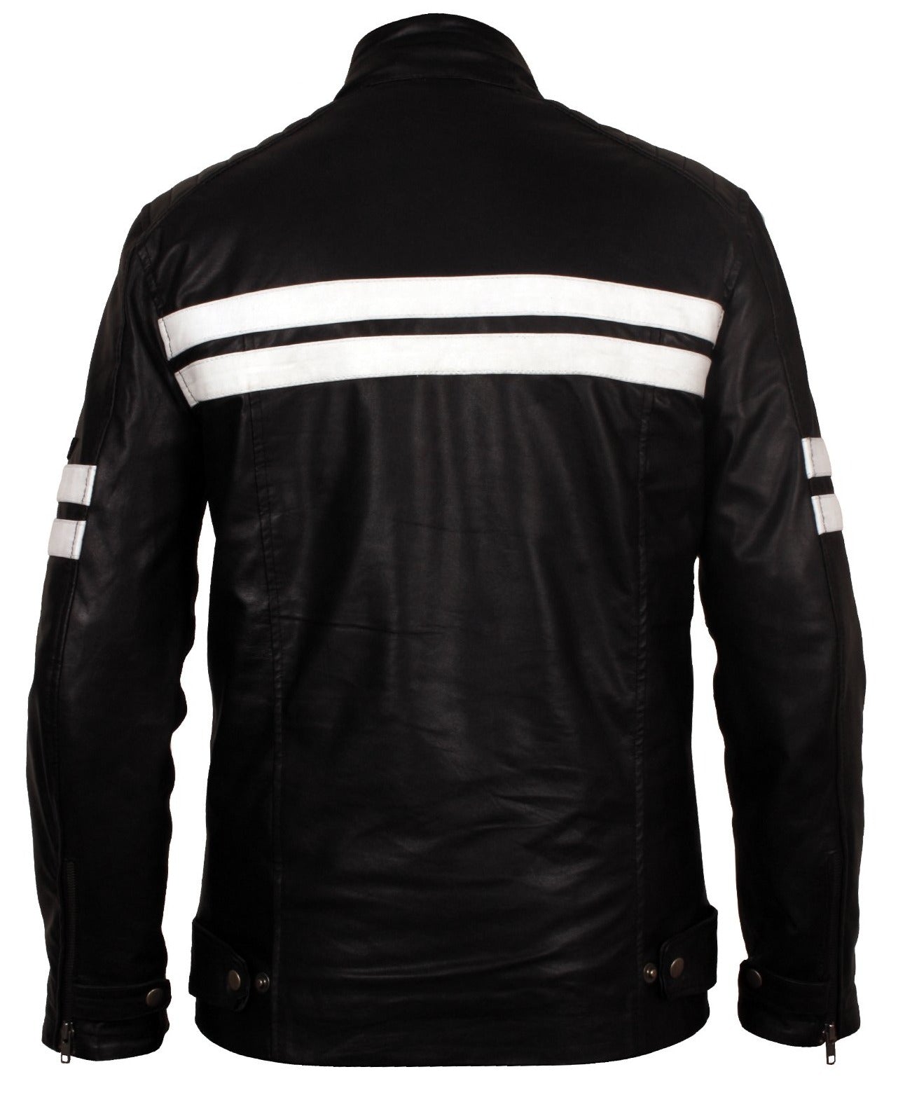 Men's Black Leather Jacket with White Stripes