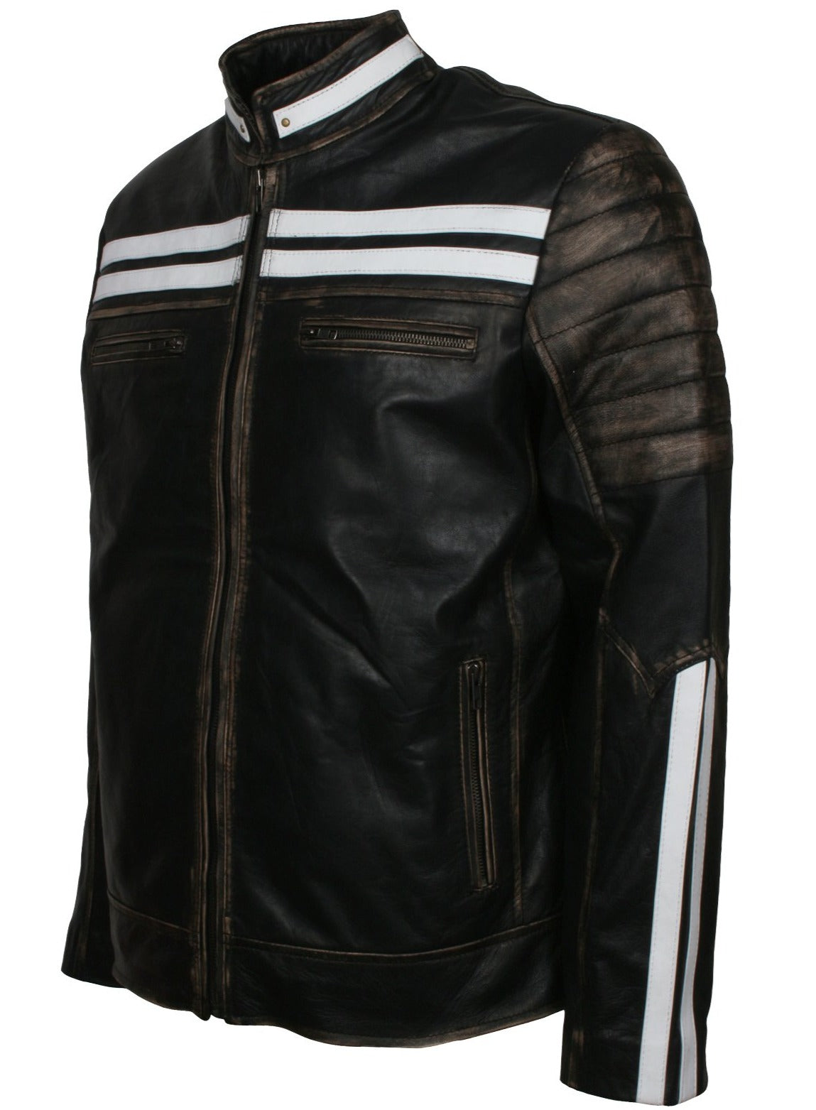 Distressed Black Leather Jacket With White Stripes