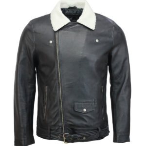 Black Motorcycle Leather Jacket with Fur Collar