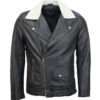 Black Motorcycle Leather Jacket with Fur Collar