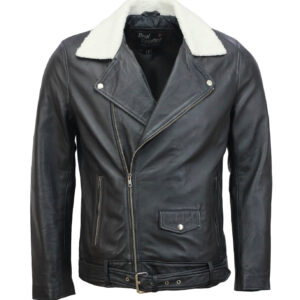 Black Motorcycle Leather Jacket with Fur Collar