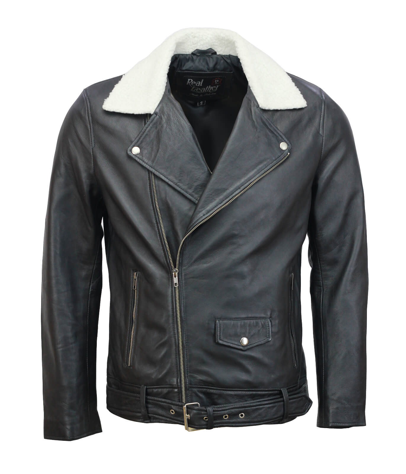 Black Motorcycle Leather Jacket with Fur Collar