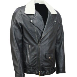Black Motorcycle Leather Jacket with Fur Collar