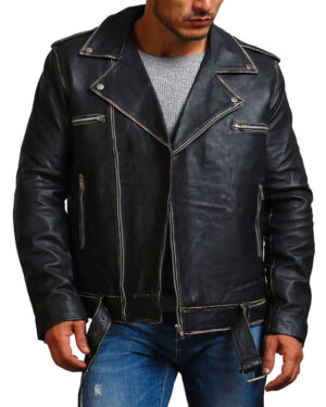Distressed Black  Motorcycle Leather Jacket