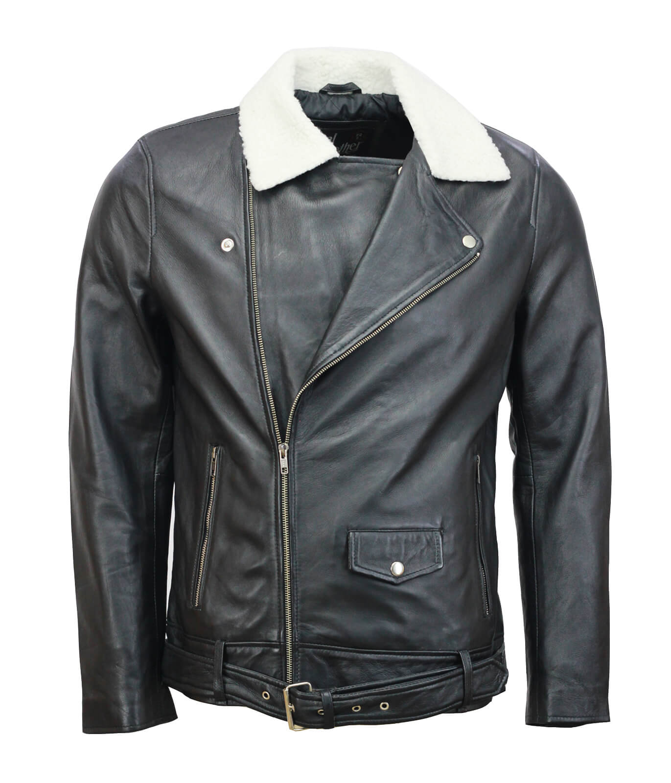 Black Motorcycle Leather Jacket with Fur Collar