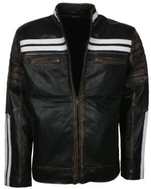 Distressed Black Leather Jacket With White Stripes