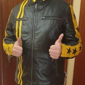 Men's Black and Yellow Leather Jacket with Stars and Stripes