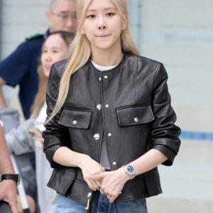 Blackpink Rose Black Collarless Leather Jacket