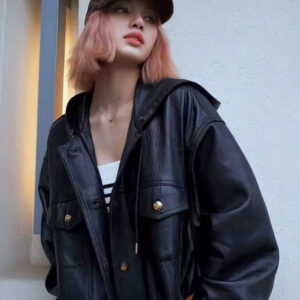 Blackpink Lisa Oversized Leather Jacket with Hood