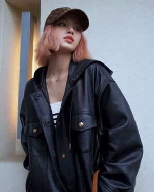 Blackpink Lisa Oversized Leather Jacket with Hood
