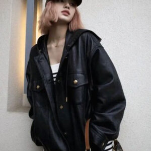Blackpink Lisa Oversized Leather Jacket with Hood