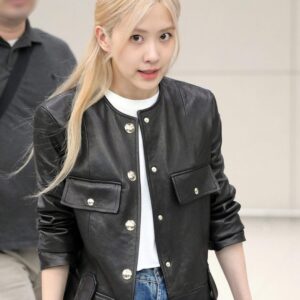 Blackpink Rose Black Collarless Leather Jacket