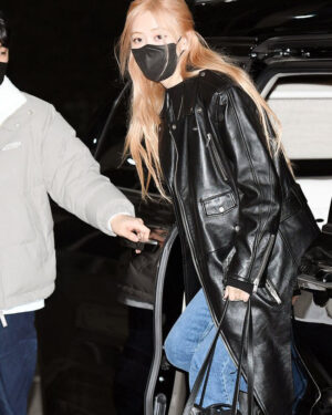 Blackpink Rose Black Leather Long Coat