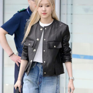 Blackpink Rose Black Collarless Leather Jacket