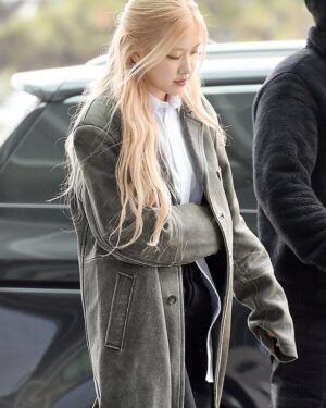 Blackpink Rose Distressed Oversized Leather Coat Women