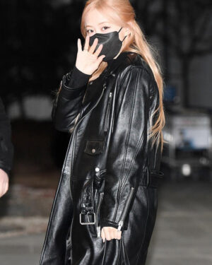 Blackpink Rose Black Leather Long Coat