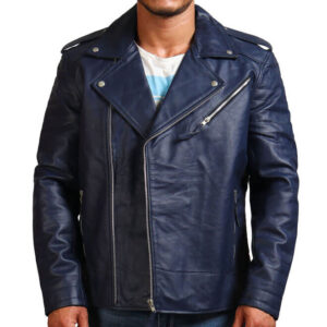 Blue Motorcycle Genuine Leather Jacket
