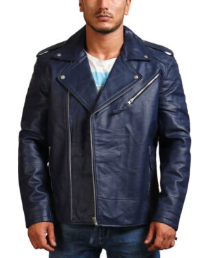 Blue Motorcycle Genuine Leather Jacket