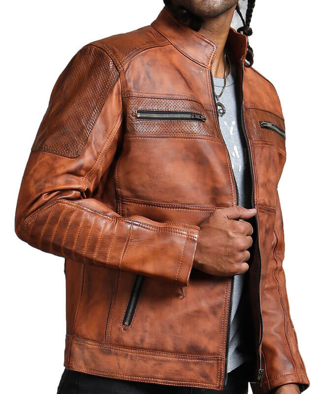 Men’s Brown Perforated Leather Biker Jacket