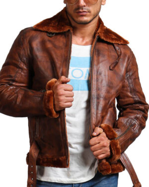 Brown Bomber Leather Jacket with Fur lining
