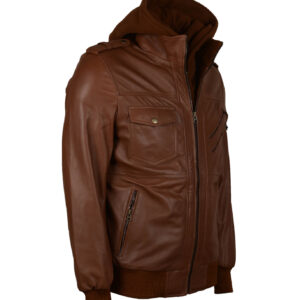 Men's Brown Bomber Leather Jacket with Hood