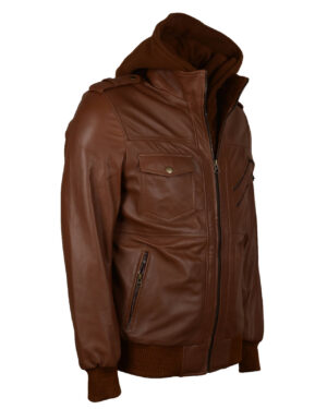 Men's Brown Bomber Leather Jacket with Hood
