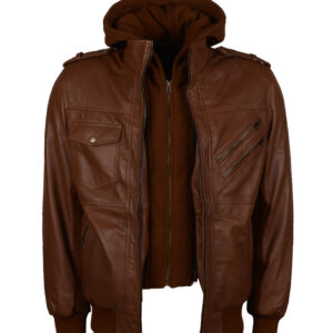 Men's Brown Bomber Leather Jacket with Hood