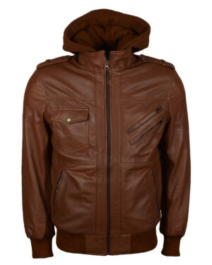 Men's Brown Bomber Leather Jacket with Hood