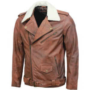Vintage Brown Motorcycle Leather Jacket with Fur Collar